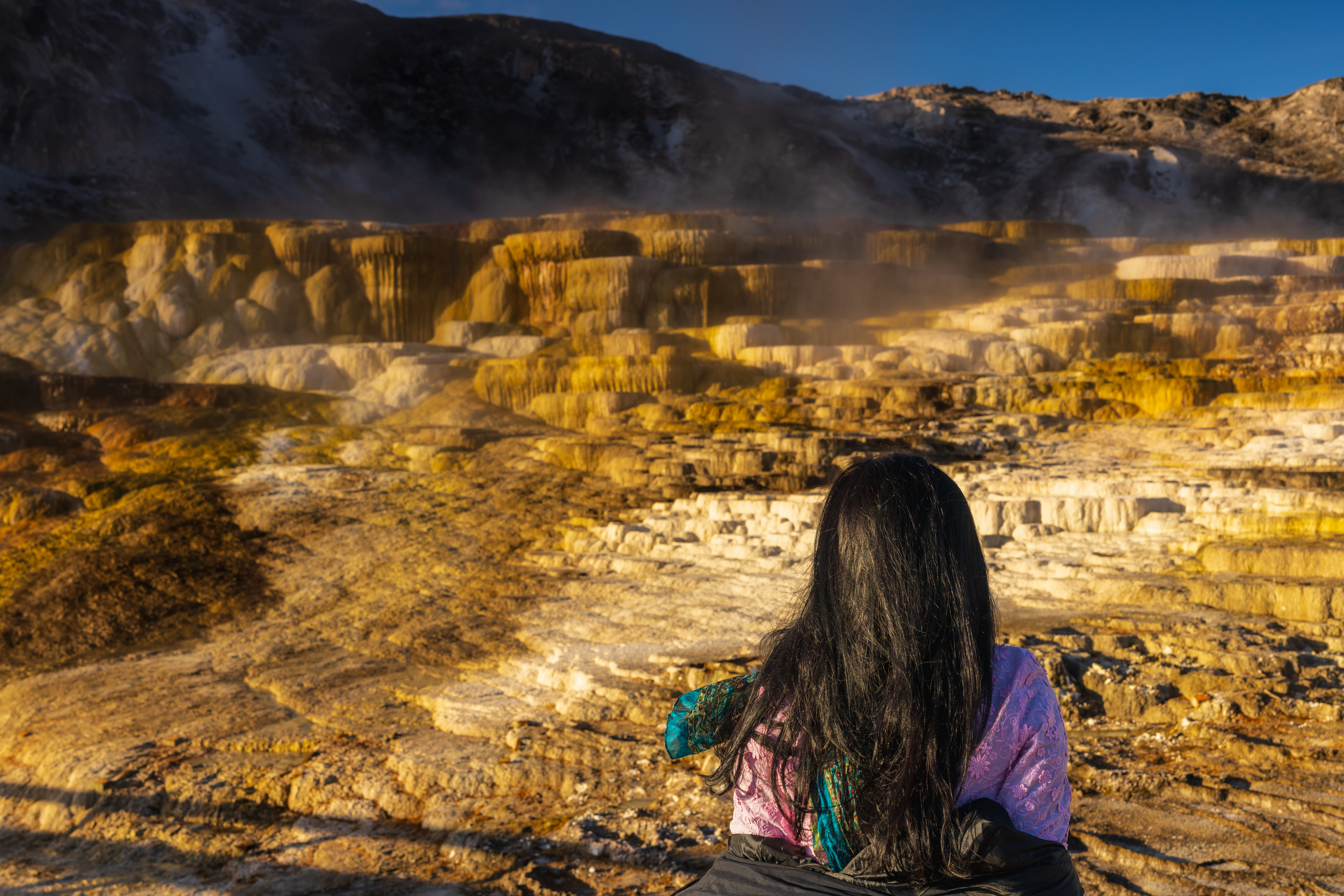 A woman gazes at the majestic, golden-hued travertine terraces of Mammoth Hot Springs in Yellowstone National Park.